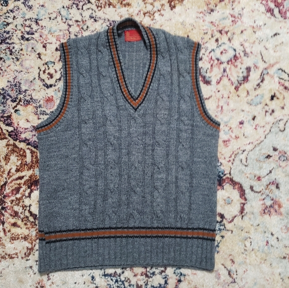 Vintage Sweater Vest Sears Mens Store Kings Road Size Large V Neck Stripe - Picture 1 of 6